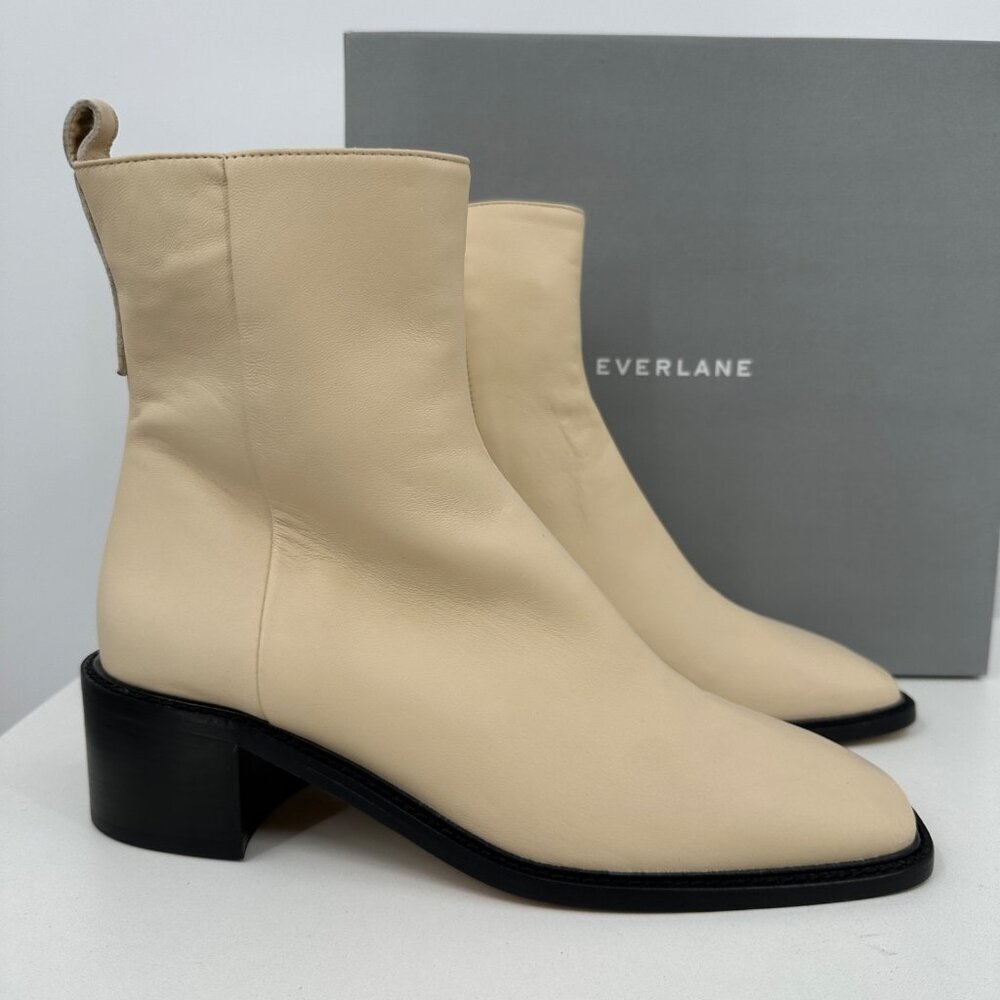 Everlane The City Boot in Cream Leather 9.5 Women's Side Zip Block Heel Ankle